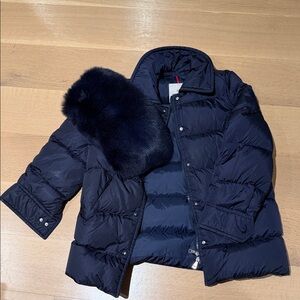 Moncler Navy Blue Women’s Down Puffer Jacket with Faux Fur Collar